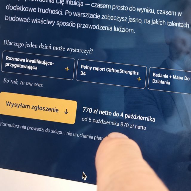 100 zł dla przedsiębiorcy to może nie jest dużo.

Ale jeśli nie trzeba ich wydawać, to lepiej nie wydać :)

Jeszcze tylko dzisiaj udział w warsztacie kosztuje 770 zł netto.
Od północy cena wzrasta do 870 zł netto.

Nie musisz od razu kupować. Wyślij zgłoszenie — najpierw porozmawiamy i sprawdzimy, czy ten warsztat rzeczywiście jest dla Ciebie.

23 października | Białystok