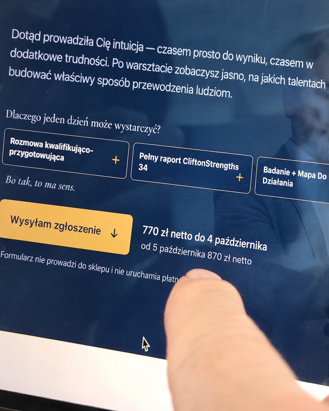100 zł dla przedsiębiorcy to może nie jest dużo.

Ale jeśli nie trzeba ich wydawać, to lepiej nie wydać :)

Jeszcze tylko dzisiaj udział w warsztacie kosztuje 770 zł netto.
Od północy cena wzrasta do 870 zł netto.

Nie musisz od razu kupować. Wyślij zgłoszenie — najpierw porozmawiamy i sprawdzimy, czy ten warsztat rzeczywiście jest dla Ciebie.

23 października | Białystok